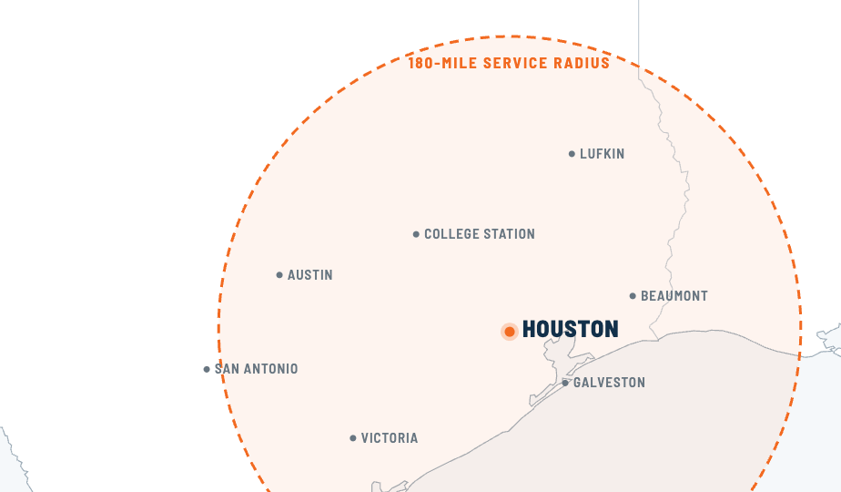 Mapa de cobertura: Houston con radio de servicio de 180 millas